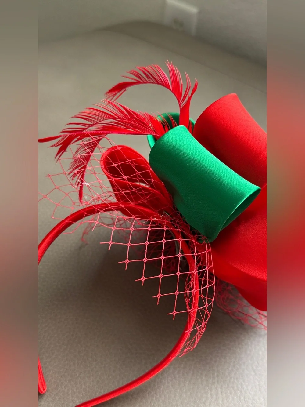 Red and Green Feathered Satin Bow Fascinator